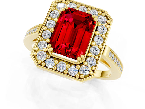 Yellow gold Emerald Cut Ruby Halo Ring with Split Shank and Four-Prong Setting_1
