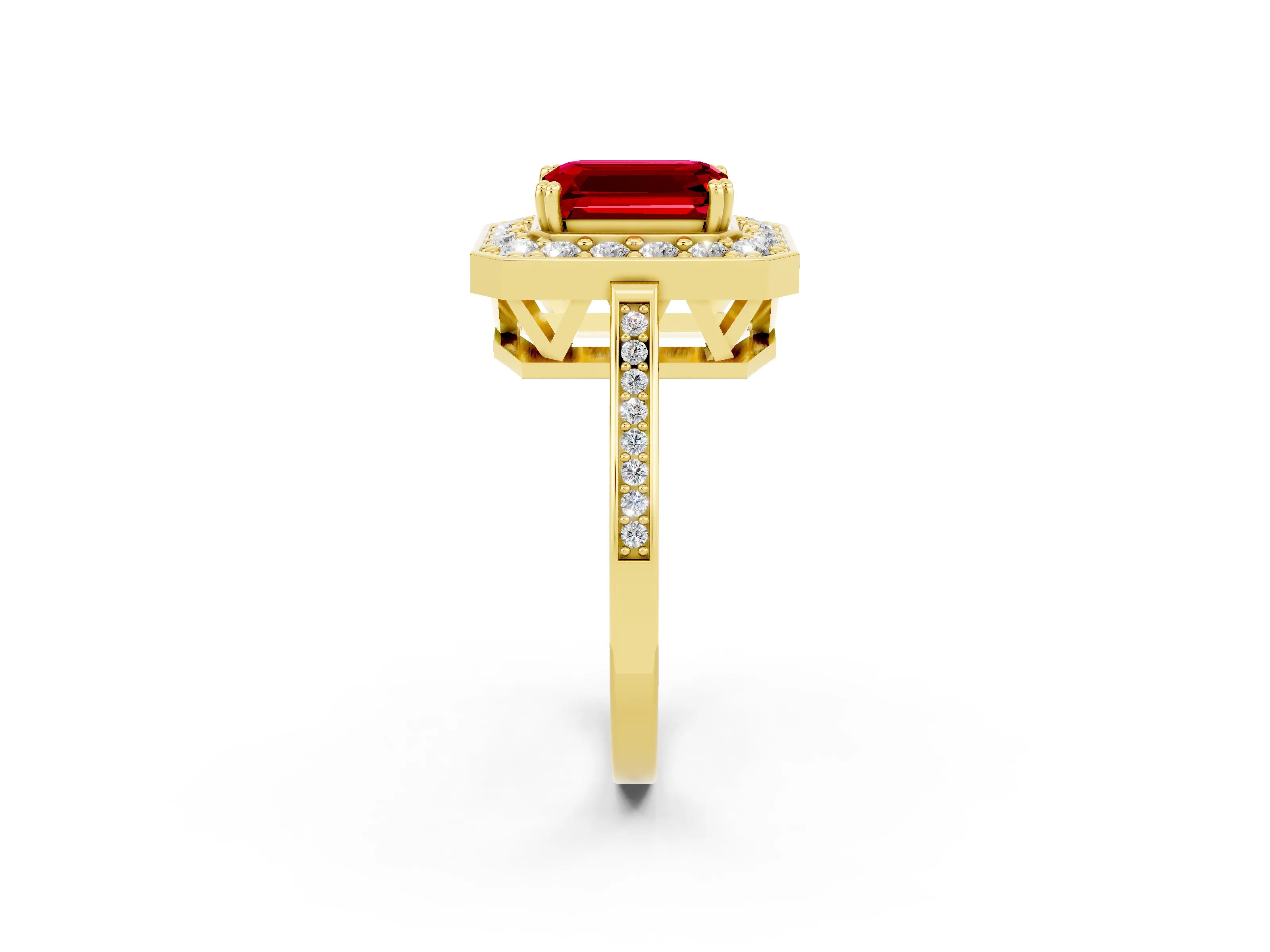 Yellow gold Emerald Cut Ruby Halo Ring with Split Shank and Four-Prong Setting_2