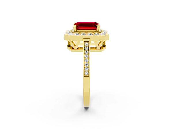 Yellow gold Emerald Cut Ruby Halo Ring with Split Shank and Four-Prong Setting