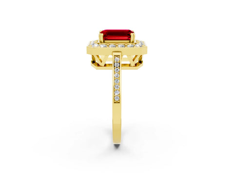 Yellow gold Emerald Cut Ruby Halo Ring with Split Shank and Four-Prong Setting_2