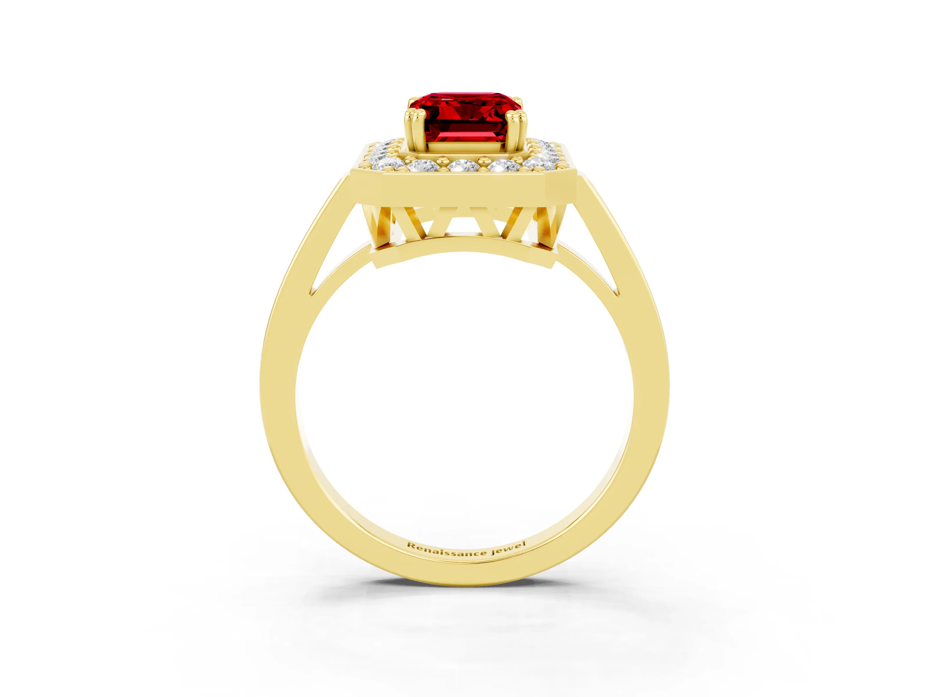 Yellow gold Emerald Cut Ruby Halo Ring with Split Shank and Four-Prong Setting_3