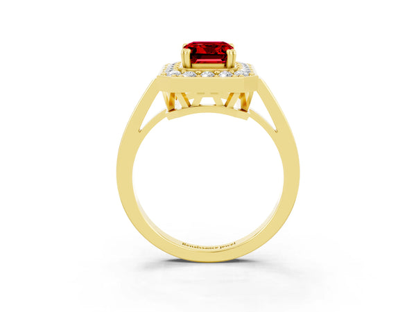 Yellow gold Emerald Cut Ruby Halo Ring with Split Shank and Four-Prong Setting