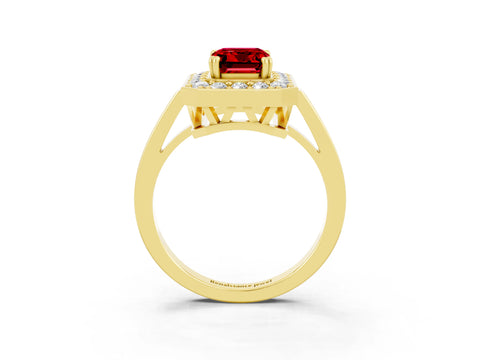 Yellow gold Emerald Cut Ruby Halo Ring with Split Shank and Four-Prong Setting_3