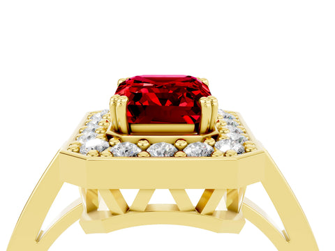 Yellow gold Emerald Cut Ruby Halo Ring with Split Shank and Four-Prong Setting_4
