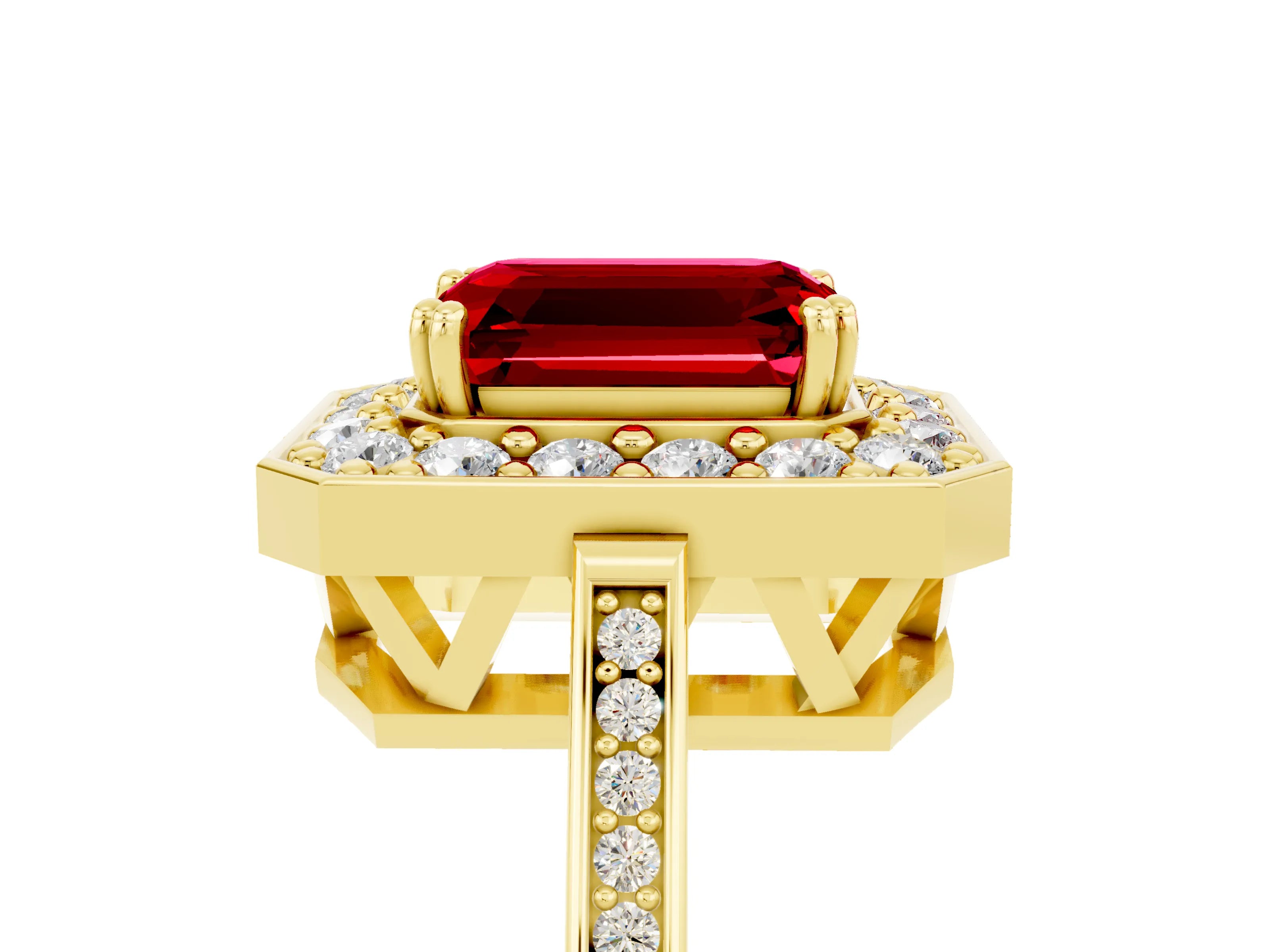 Yellow gold Emerald Cut Ruby Halo Ring with Split Shank and Four-Prong Setting_5