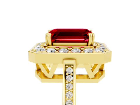 Yellow gold Emerald Cut Ruby Halo Ring with Split Shank and Four-Prong Setting_5