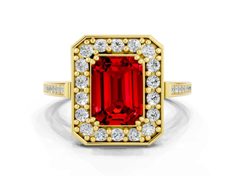 Yellow gold Emerald Cut Ruby Halo Ring with Split Shank and Four-Prong Setting