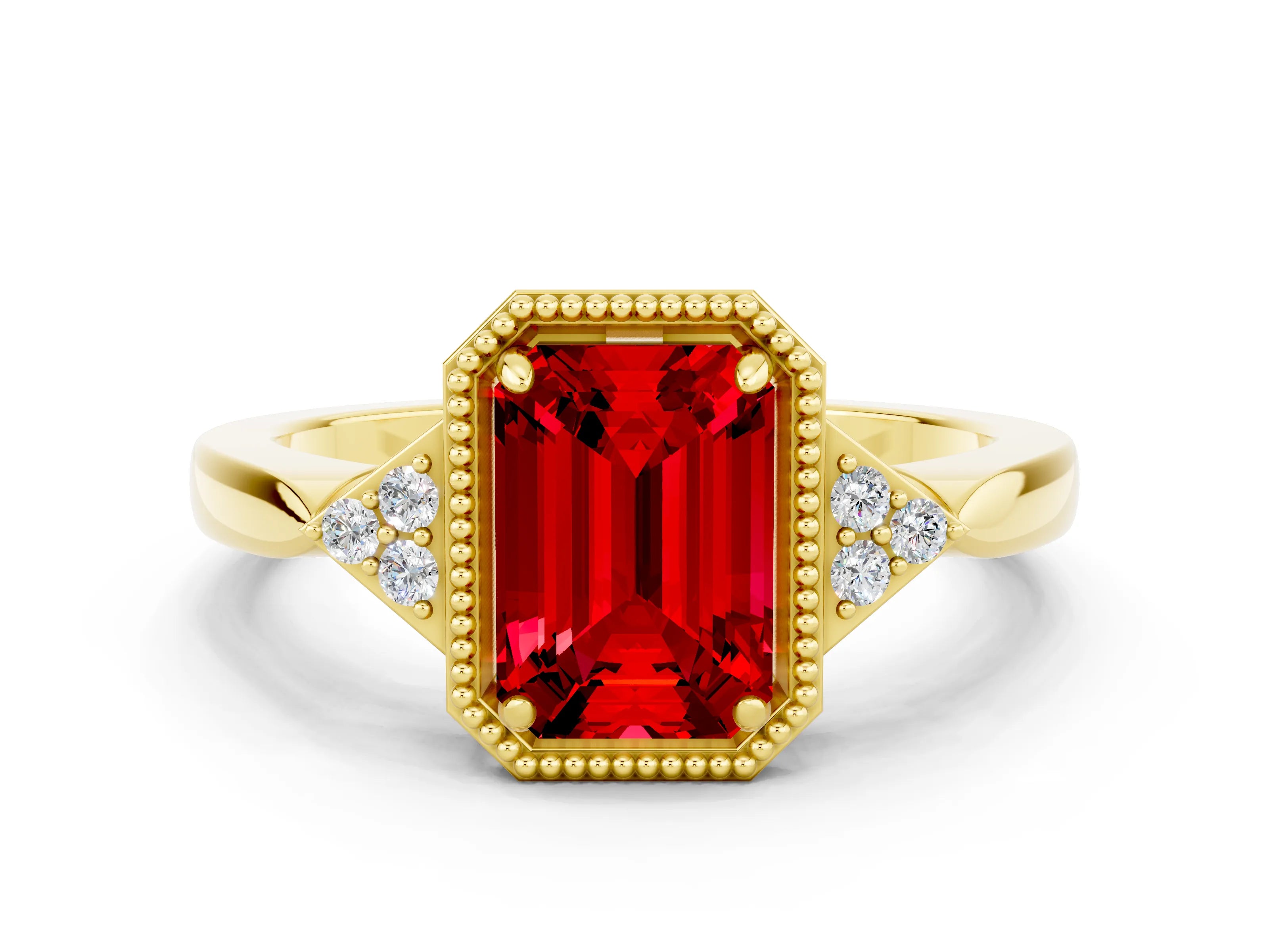 Yellow gold Emerald Cut Ruby Halo Ring with Tapered Band and Four-Prong Setting