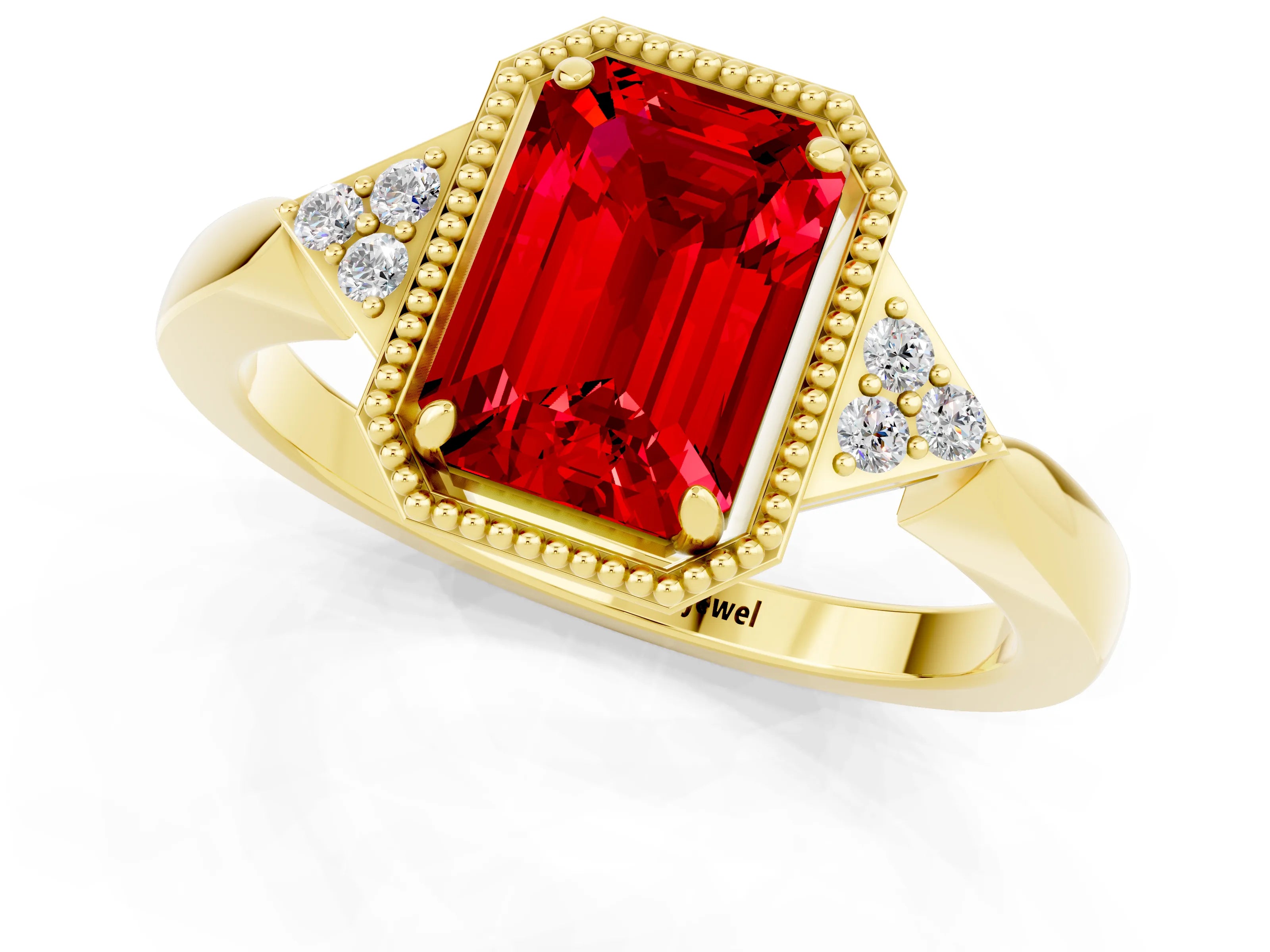 Yellow gold Emerald Cut Ruby Halo Ring with Tapered Band and Four-Prong Setting_1