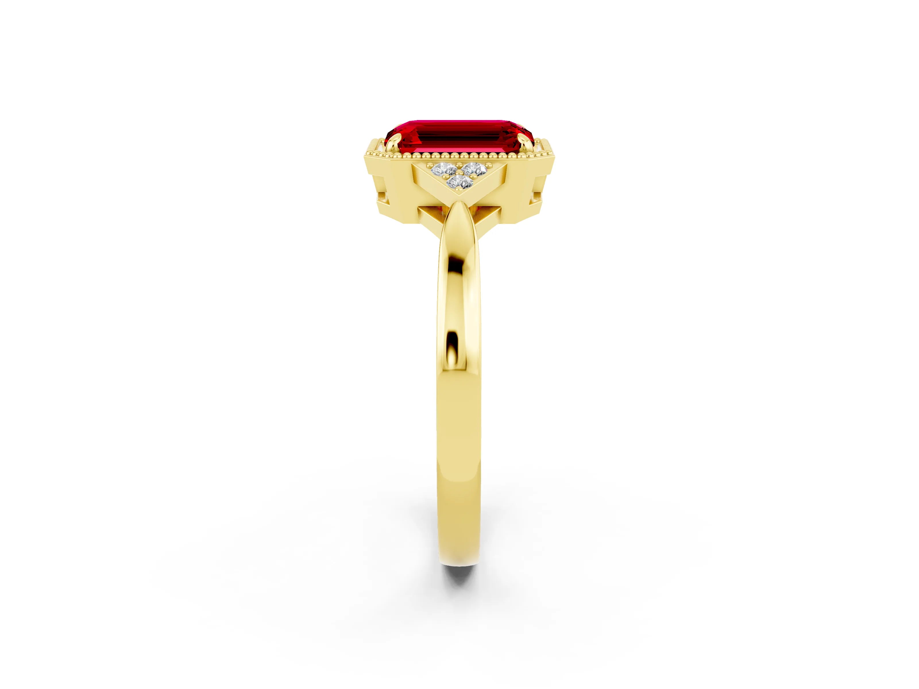 Yellow gold Emerald Cut Ruby Halo Ring with Tapered Band and Four-Prong Setting_2