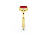 Yellow gold Emerald Cut Ruby Halo Ring with Tapered Band and Four-Prong Setting_2