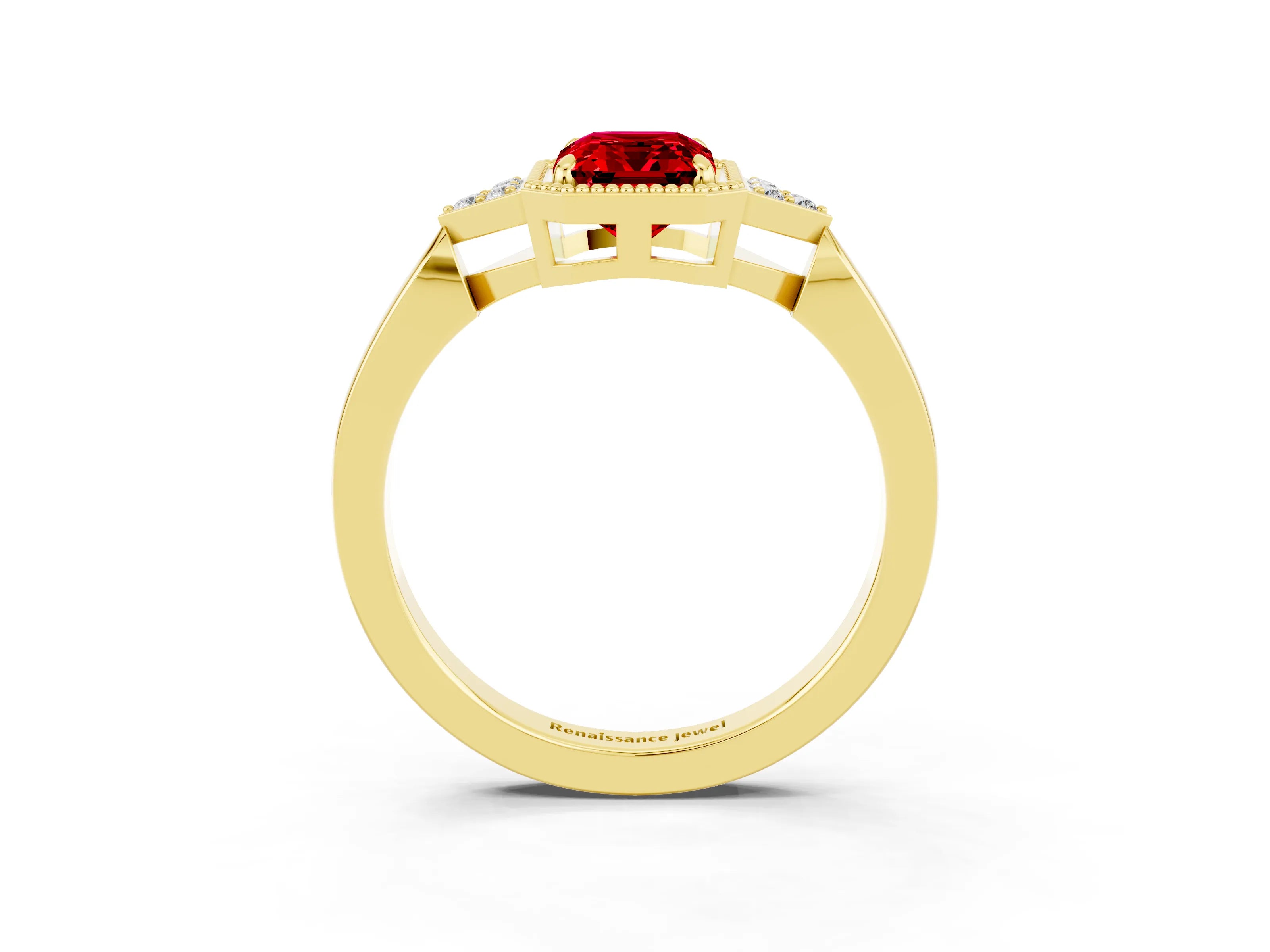 Yellow gold Emerald Cut Ruby Halo Ring with Tapered Band and Four-Prong Setting_3