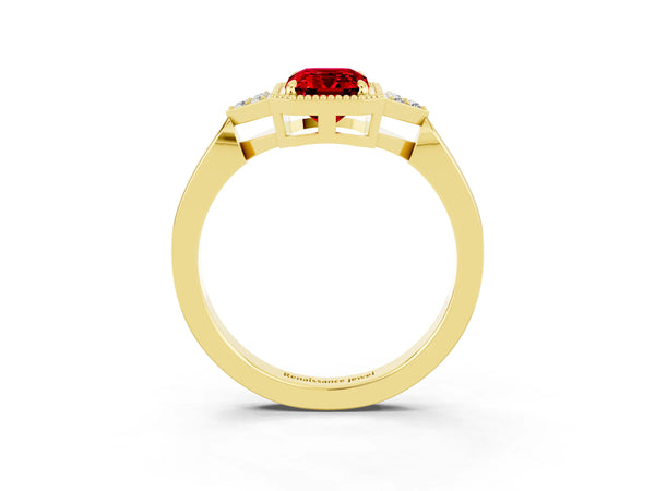 Yellow gold Emerald Cut Ruby Halo Ring with Tapered Band and Four-Prong Setting