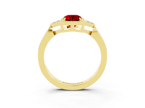 Yellow gold Emerald Cut Ruby Halo Ring with Tapered Band and Four-Prong Setting_3