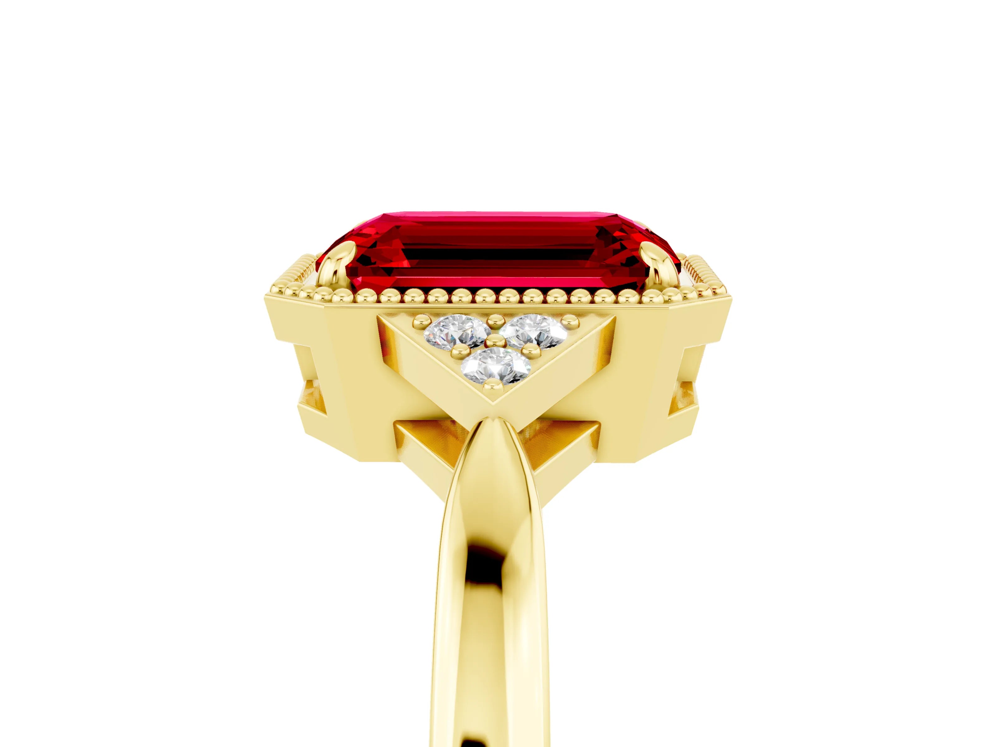 Yellow gold Emerald Cut Ruby Halo Ring with Tapered Band and Four-Prong Setting_5