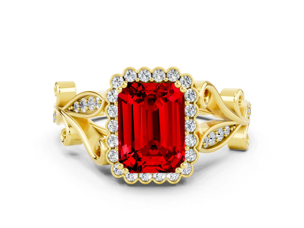 Yellow gold Emerald Cut Ruby Halo Ring with Vintage Split Shank and Four-Prong Setting