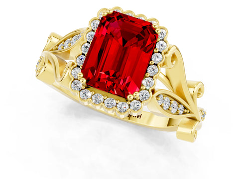 Yellow gold Emerald Cut Ruby Halo Ring with Vintage Split Shank and Four-Prong Setting_1