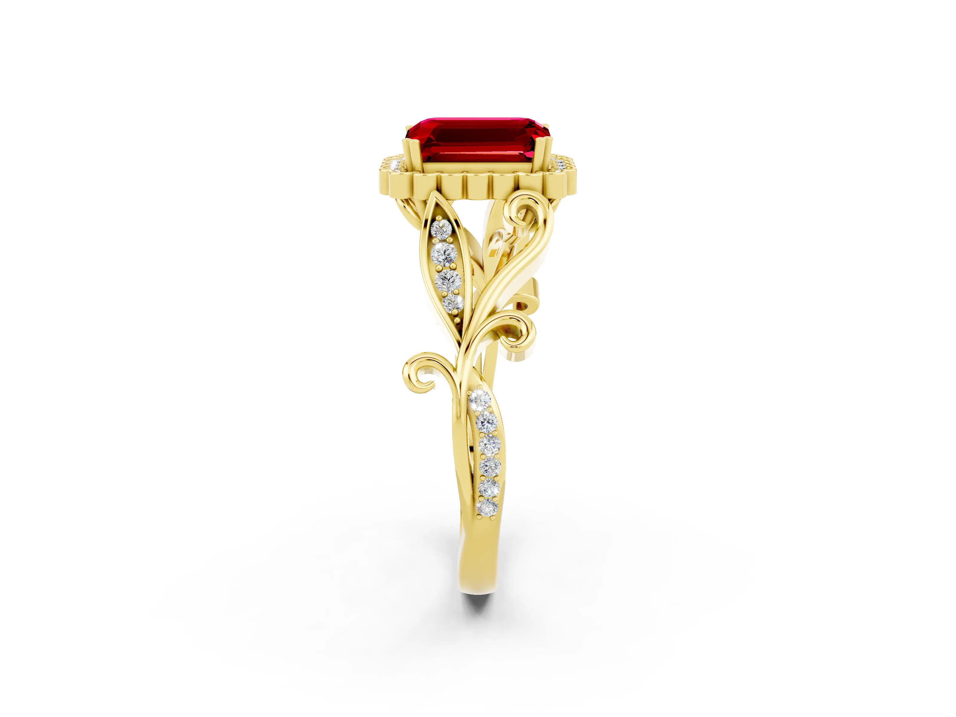 Yellow gold Emerald Cut Ruby Halo Ring with Vintage Split Shank and Four-Prong Setting_2