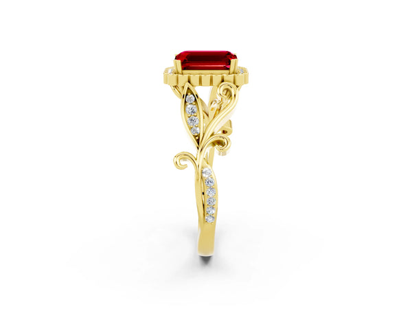 Yellow gold Emerald Cut Ruby Halo Ring with Vintage Split Shank and Four-Prong Setting