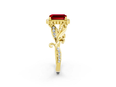 Yellow gold Emerald Cut Ruby Halo Ring with Vintage Split Shank and Four-Prong Setting_2