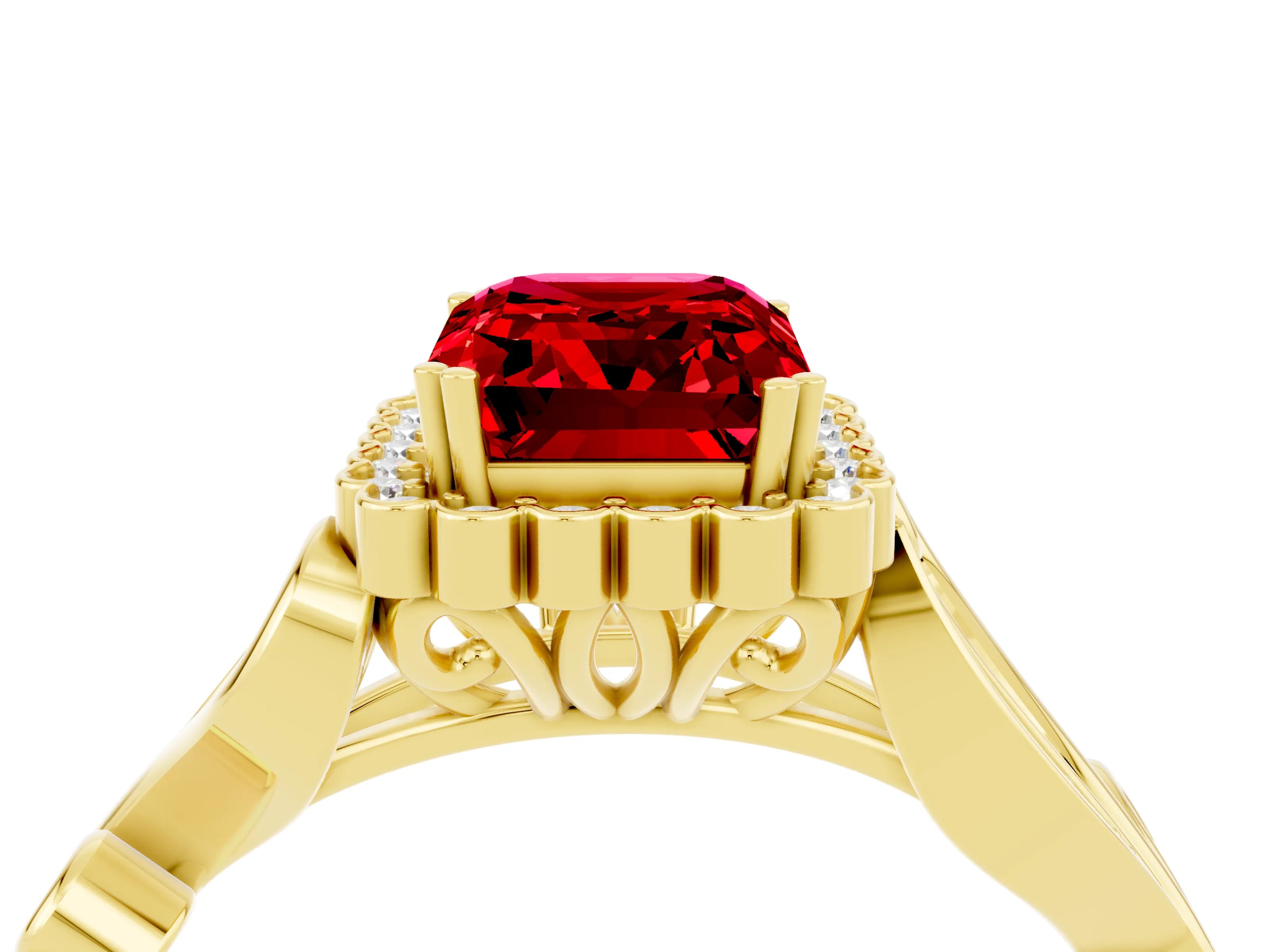 Yellow gold Emerald Cut Ruby Halo Ring with Vintage Split Shank and Four-Prong Setting_4
