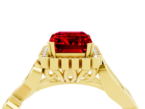 Yellow gold Emerald Cut Ruby Halo Ring with Vintage Split Shank and Four-Prong Setting_4