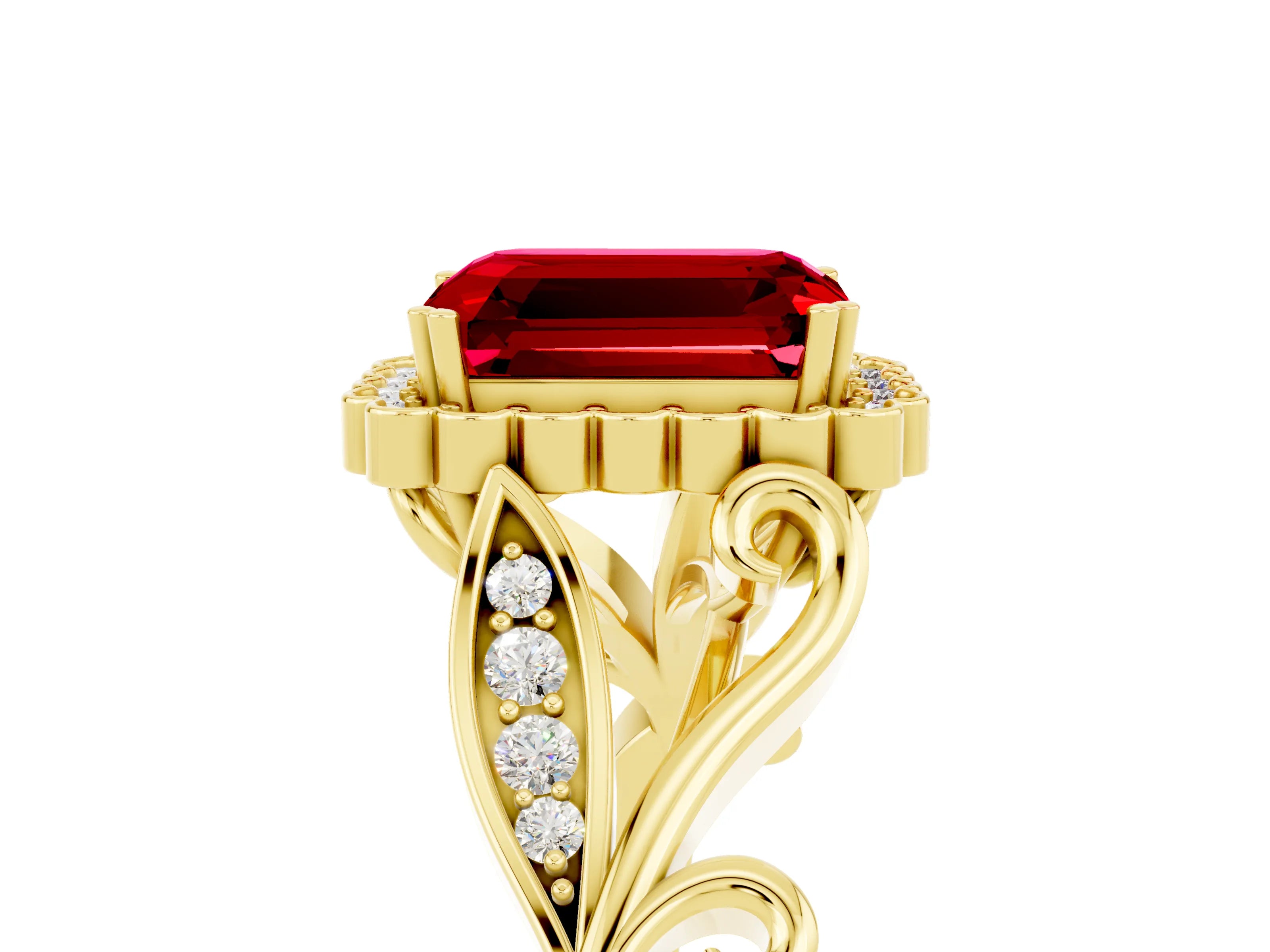 Yellow gold Emerald Cut Ruby Halo Ring with Vintage Split Shank and Four-Prong Setting_5