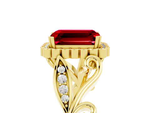 Yellow gold Emerald Cut Ruby Halo Ring with Vintage Split Shank and Four-Prong Setting_5