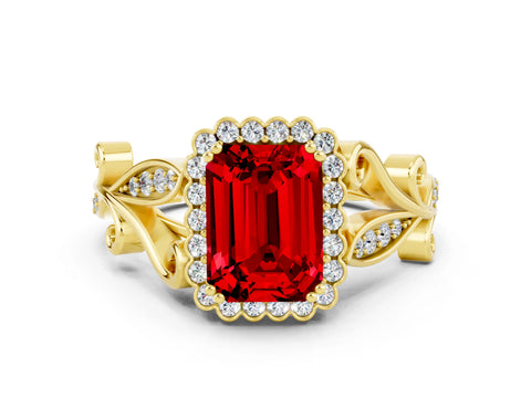Yellow gold Emerald Cut Ruby Halo Ring with Vintage Split Shank and Four-Prong Setting