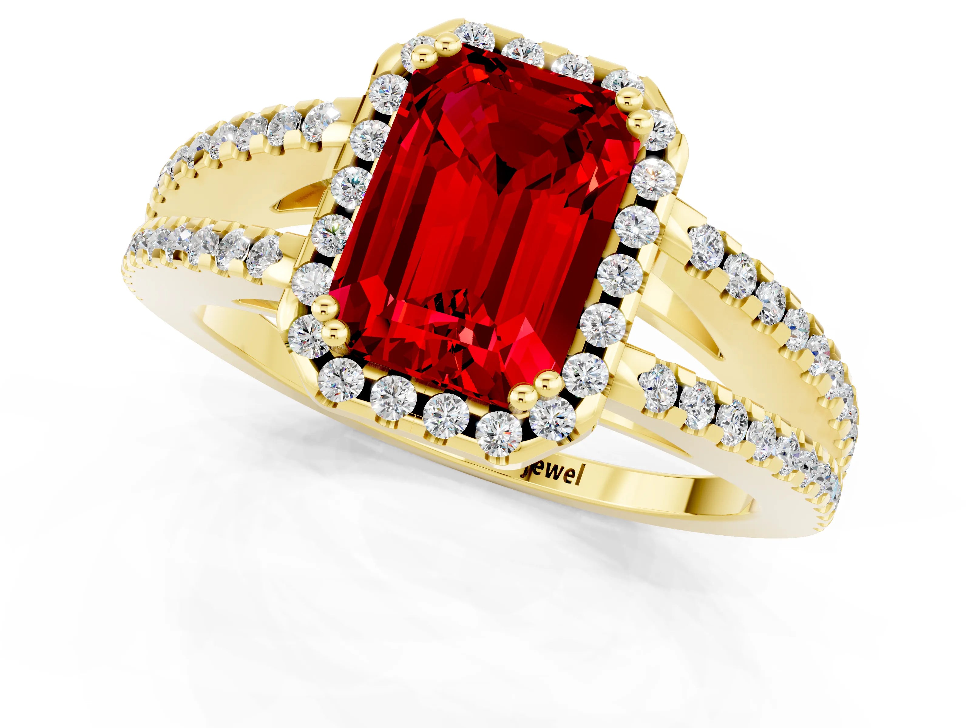 Yellow gold Emerald Cut Ruby Halo Split Shank Engagement Ring_13