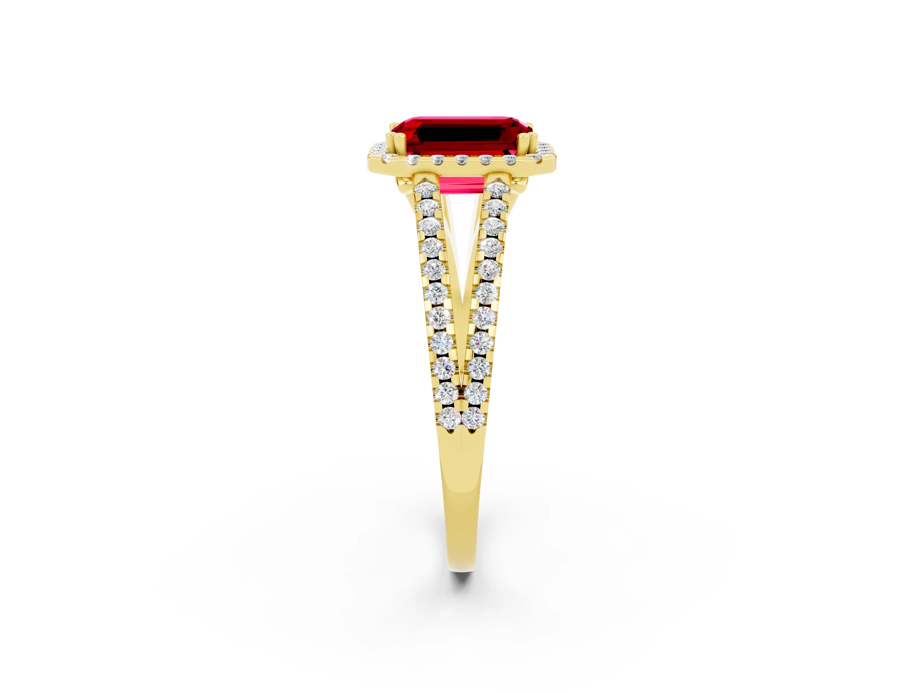 Yellow gold Emerald Cut Ruby Halo Split Shank Engagement Ring_14