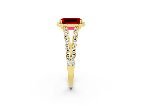 Yellow gold Emerald Cut Ruby Halo Split Shank Engagement Ring