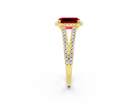 Yellow gold Emerald Cut Ruby Halo Split Shank Engagement Ring_14