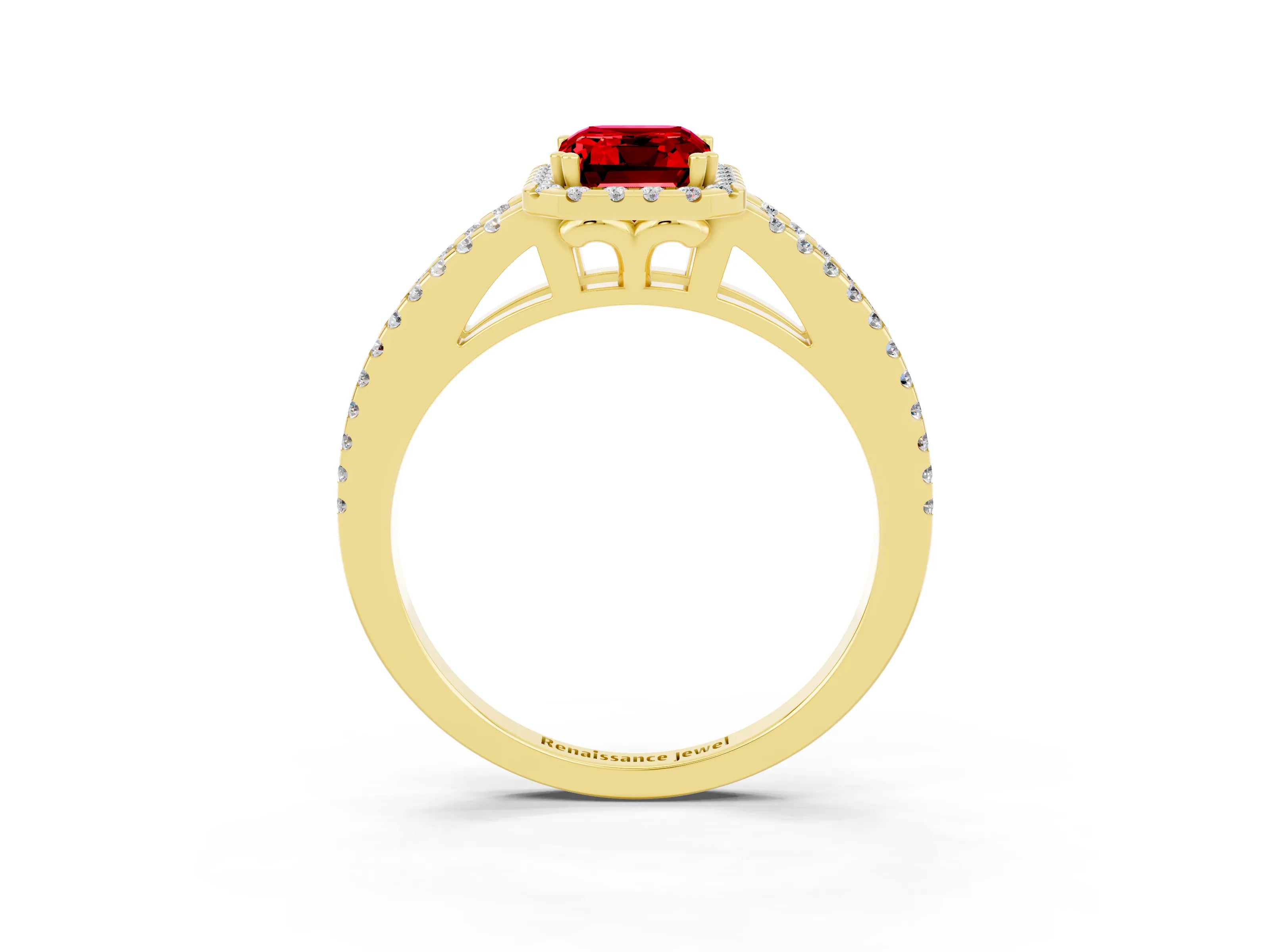 Yellow gold Emerald Cut Ruby Halo Split Shank Engagement Ring_15