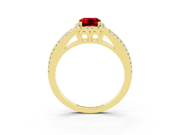Yellow gold Emerald Cut Ruby Halo Split Shank Engagement Ring