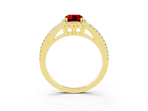 Yellow gold Emerald Cut Ruby Halo Split Shank Engagement Ring_15