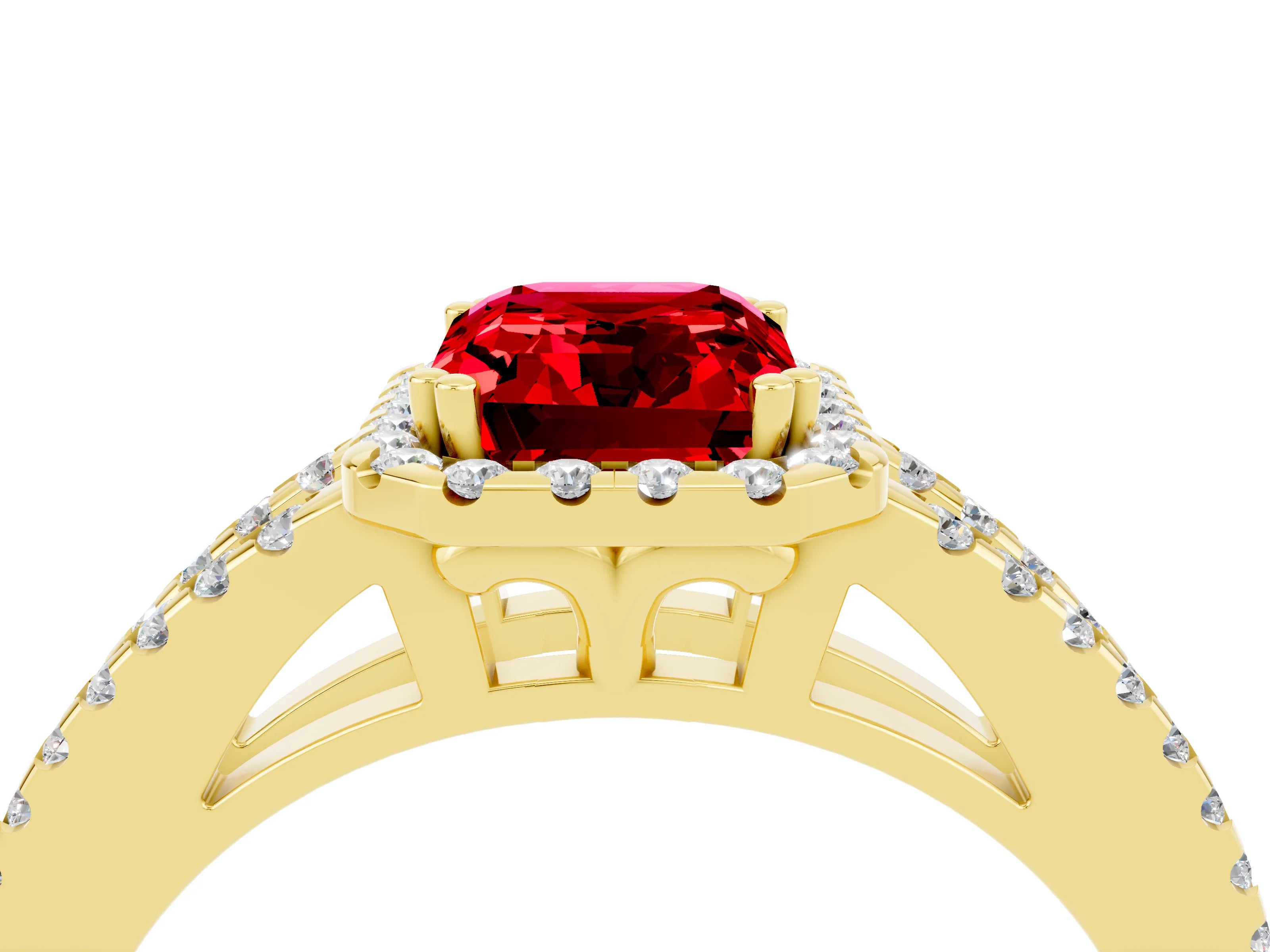 Yellow gold Emerald Cut Ruby Halo Split Shank Engagement Ring_16