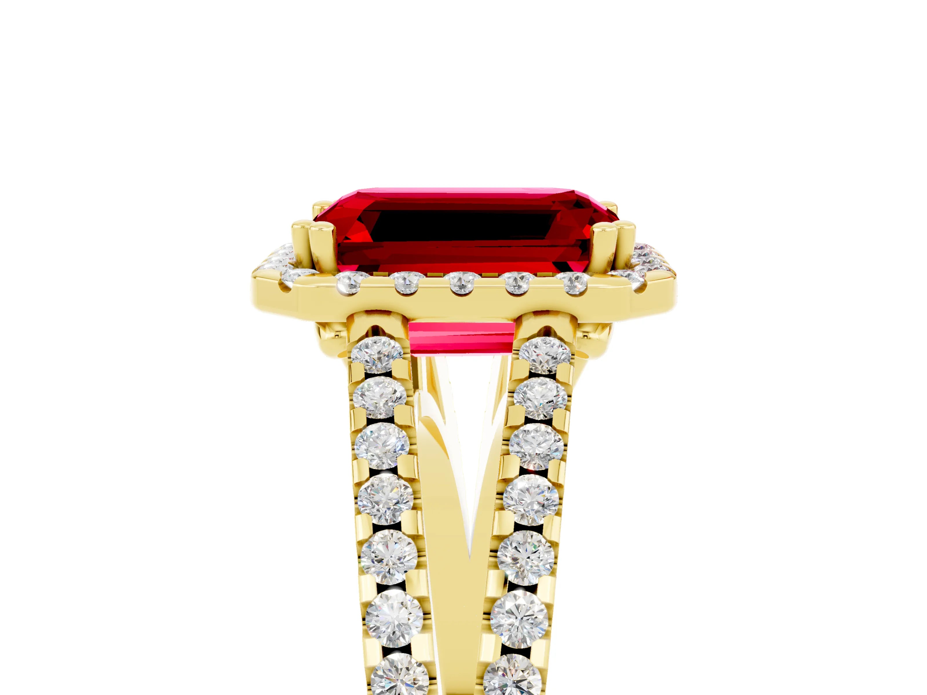 Yellow gold Emerald Cut Ruby Halo Split Shank Engagement Ring_17