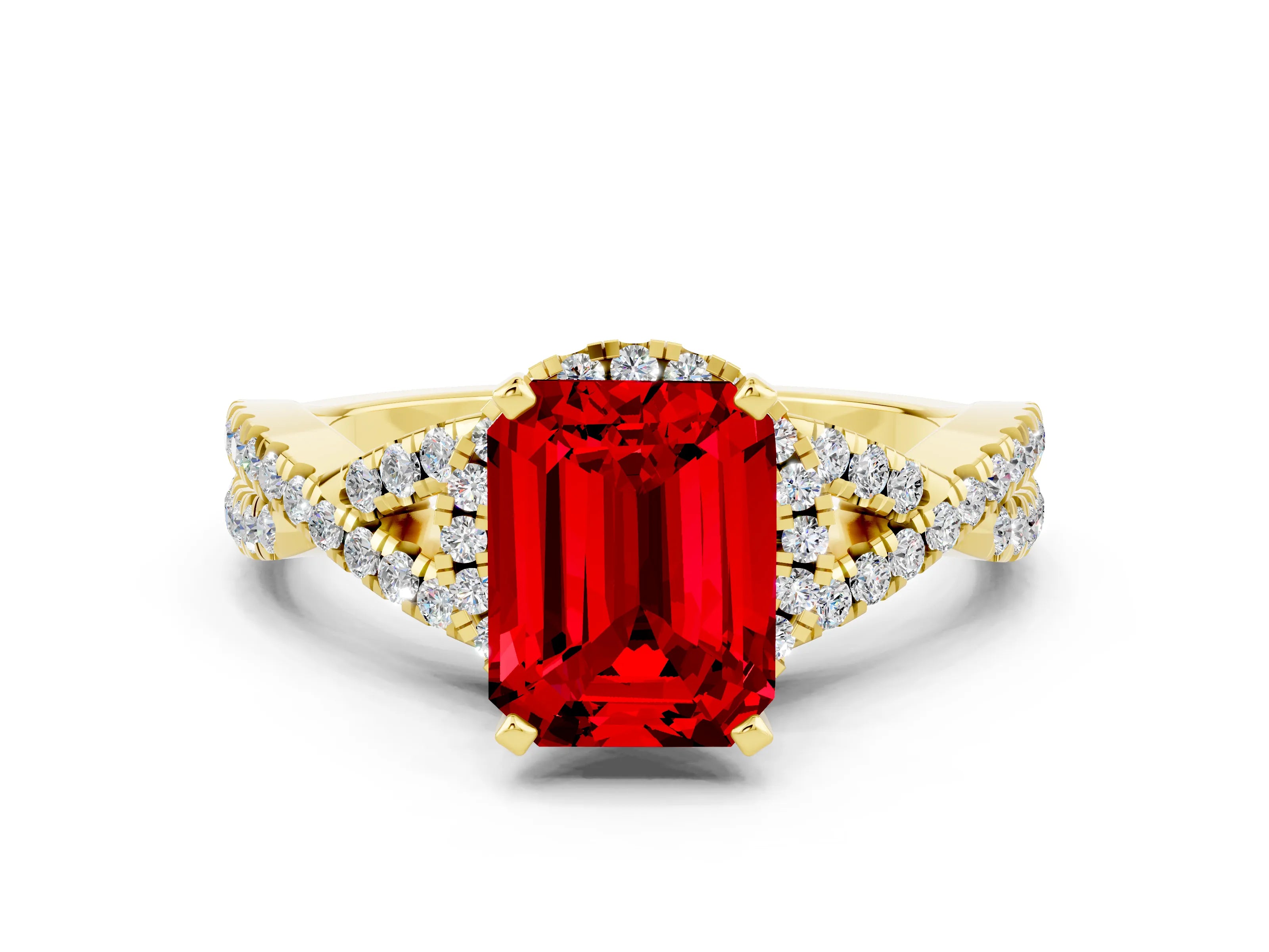 Yellow gold Emerald Cut Ruby Halo Twist Band Solitaire Prong Setting Ring