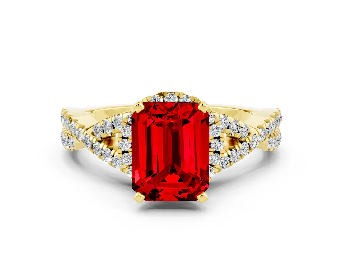 Yellow gold Emerald Cut Ruby Halo Twist Band Solitaire Prong Setting Ring