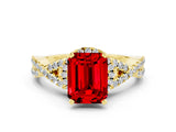 Yellow gold Emerald Cut Ruby Halo Twist Band Solitaire Prong Setting Ring