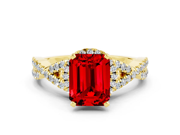 Yellow gold Emerald Cut Ruby  Halo Twist Band Solitaire Prong Setting Ring