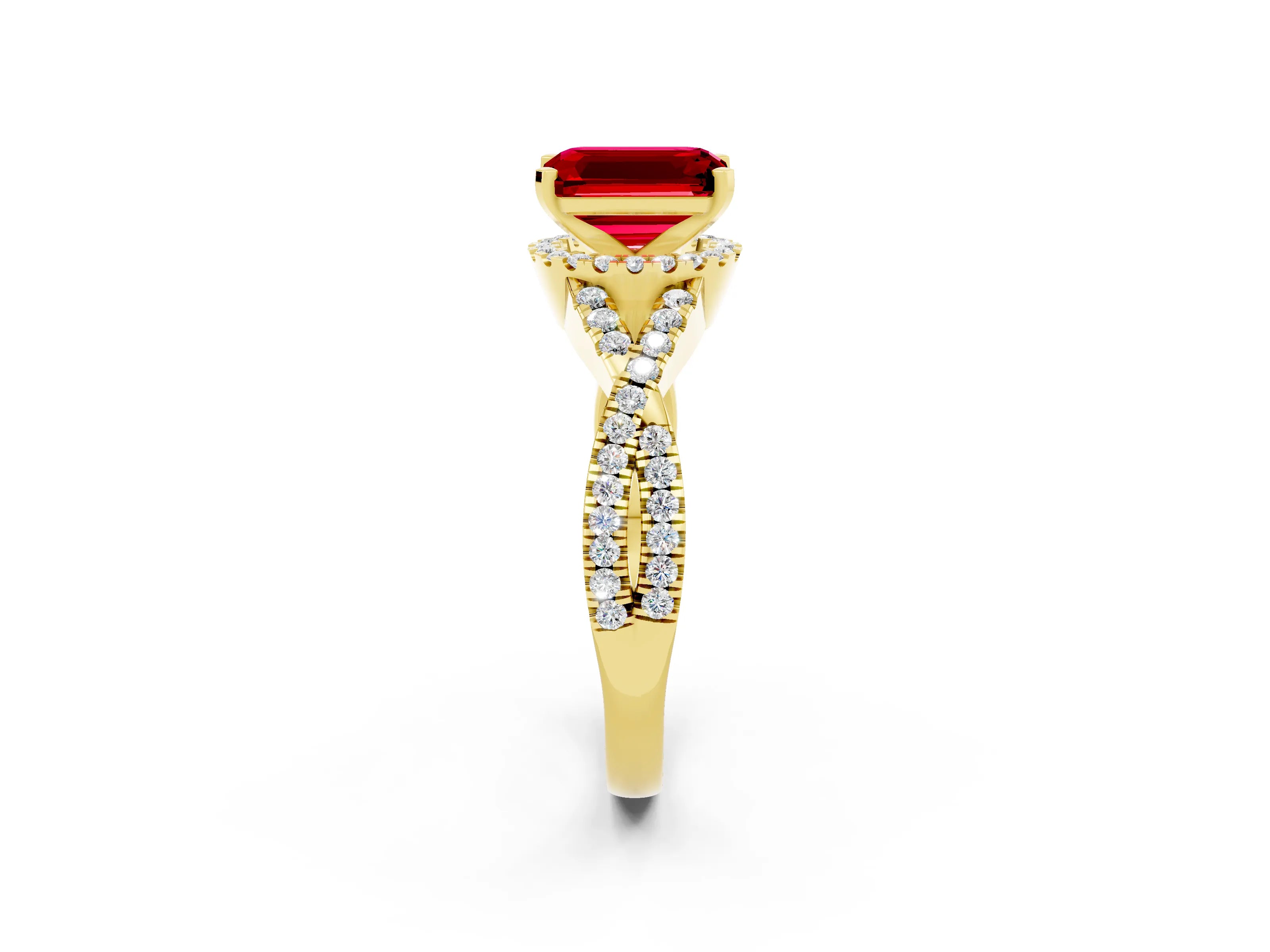 Yellow gold Emerald Cut Ruby Halo Twist Band Solitaire Prong Setting Ring_2