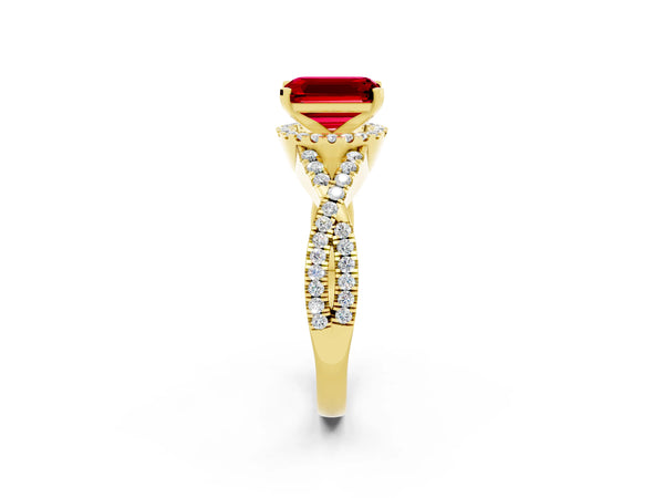 Yellow gold Emerald Cut Ruby  Halo Twist Band Solitaire Prong Setting Ring