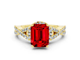 Yellow gold Emerald Cut Ruby  Halo Twist Band Solitaire Prong Setting Ring_24