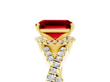 Yellow gold Emerald Cut Ruby  Halo Twist Band Solitaire Prong Setting Ring_29