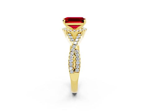 Yellow gold Emerald Cut Ruby Halo Twist Band Solitaire Prong Setting Ring_2