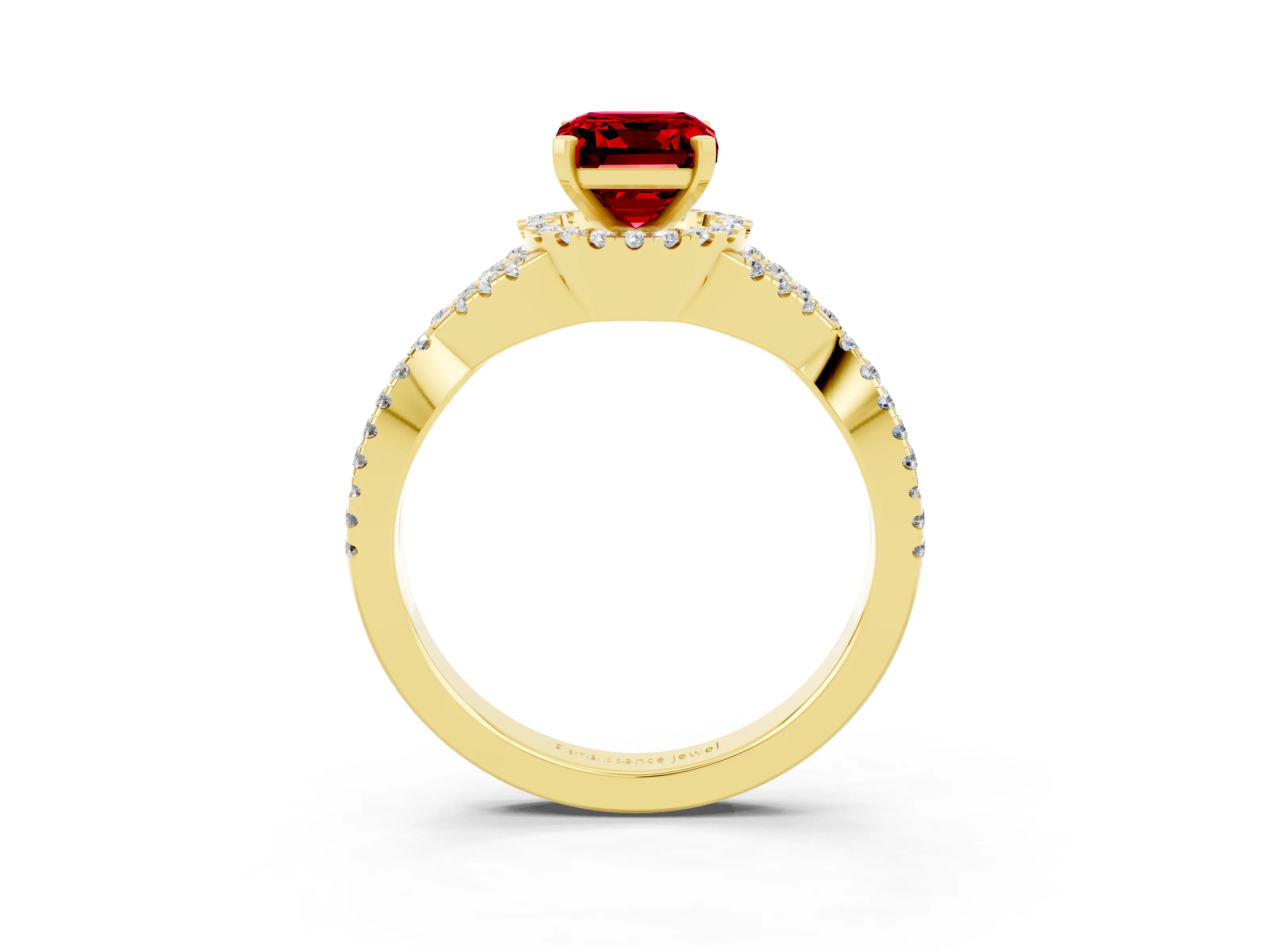 Yellow gold Emerald Cut Ruby Halo Twist Band Solitaire Prong Setting Ring_3