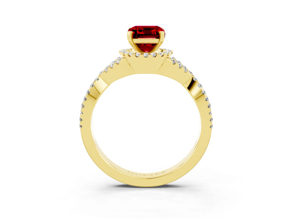 Yellow gold Emerald Cut Ruby  Halo Twist Band Solitaire Prong Setting Ring