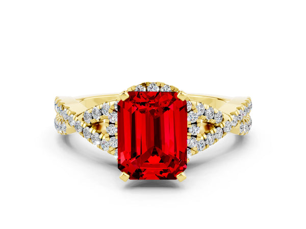 Yellow gold Emerald Cut Ruby  Halo Twist Band Solitaire Prong Setting Ring